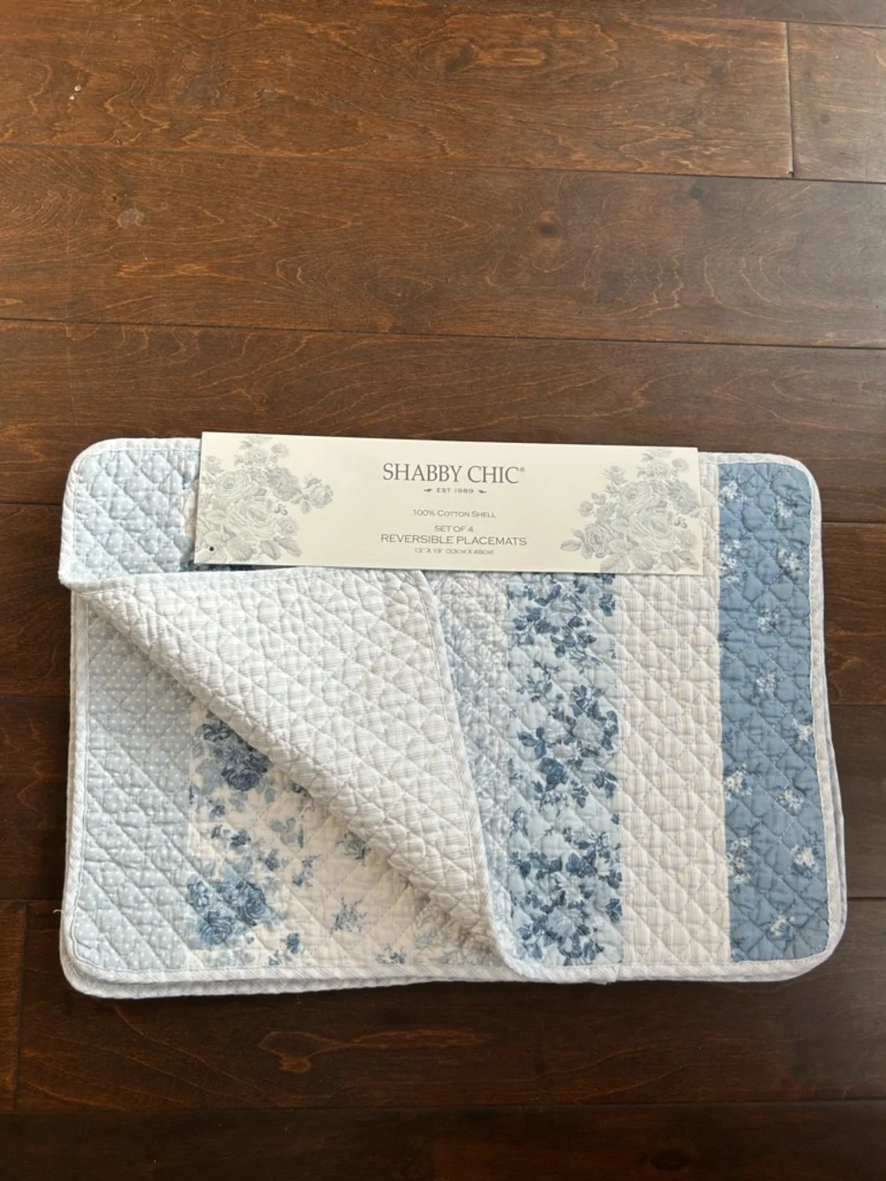 Shabby Chic 4 Scalloped Quilted Blue White Placemats New Floral Striped